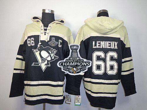 Penguins #66 Mario Lemieux Black Sawyer Hooded Sweatshirt Stanley Cup Finals Champions Stitched NHL Jersey